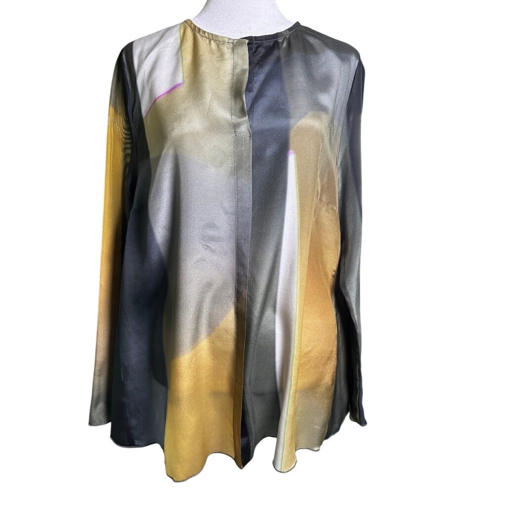 OSKA 100% Silk‎ Blouse Size 1 /Sm Abstract Print Long Sl Tunic Top Women Germany